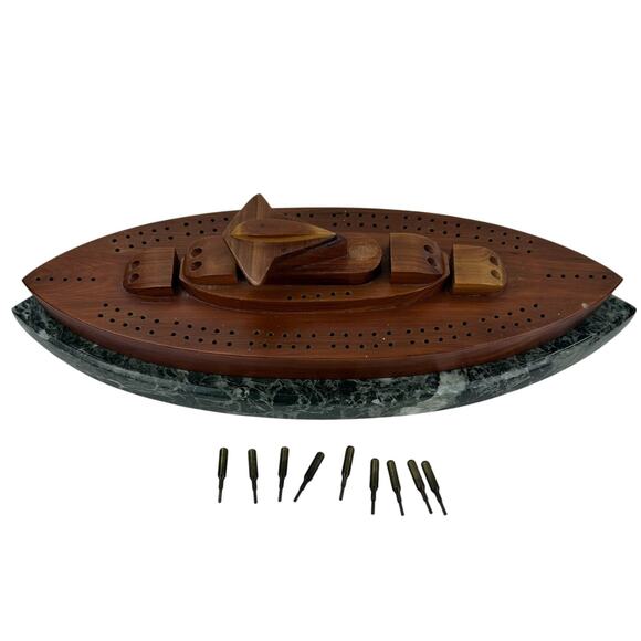 Vintage Wood Battle Ship Shaped Cribbage Board Game on Marble Base Cannon Pegs - Picture 2 of 11